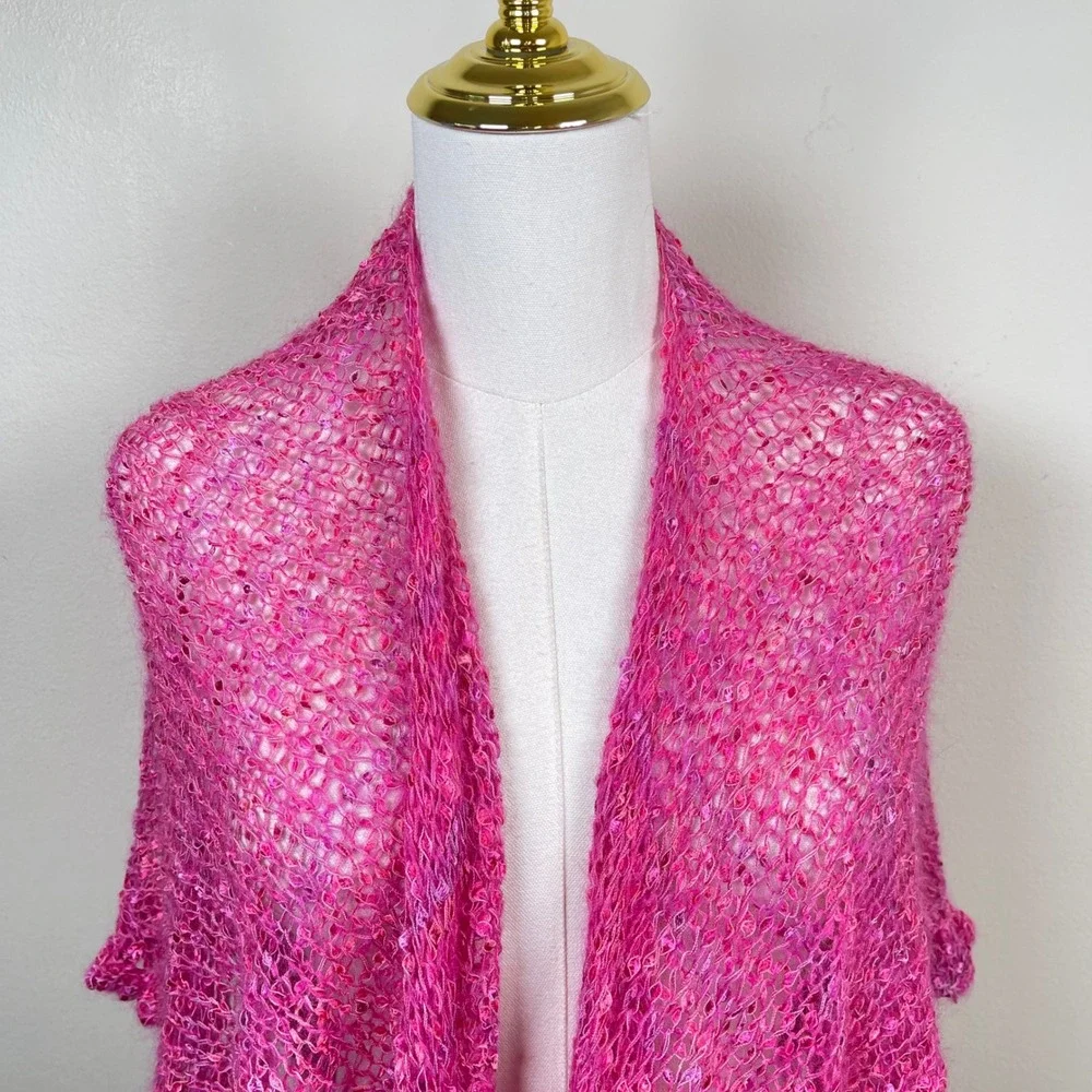 Vintage Pink Crochet Knit Ruffle Shawl Wrap Women Hot Pink Boho Shrug Y2K Fairy